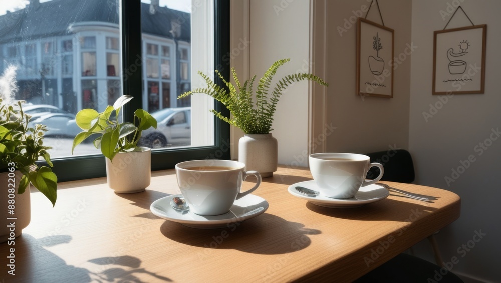 Breakfast and a cup of tea at a cafe with Nordic interior Breakfast and a cup of tea at a cafe with Nordic interior