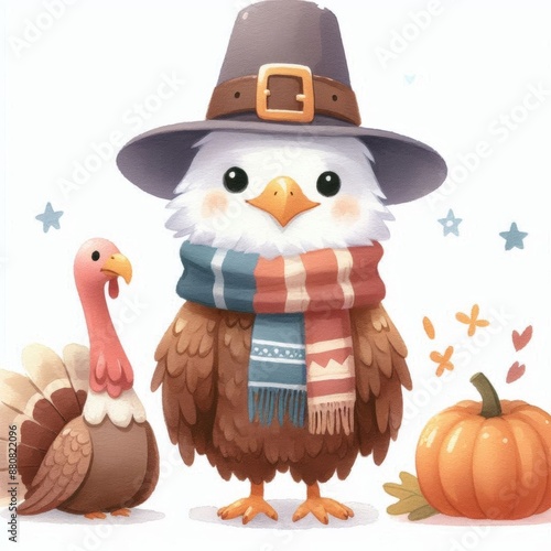 Cute cartoon eagle wearing pilgrim hat and scarf, next to a turkey and a pumpkin.  Perfect for Thanksgiving greeting cards or social media posts.