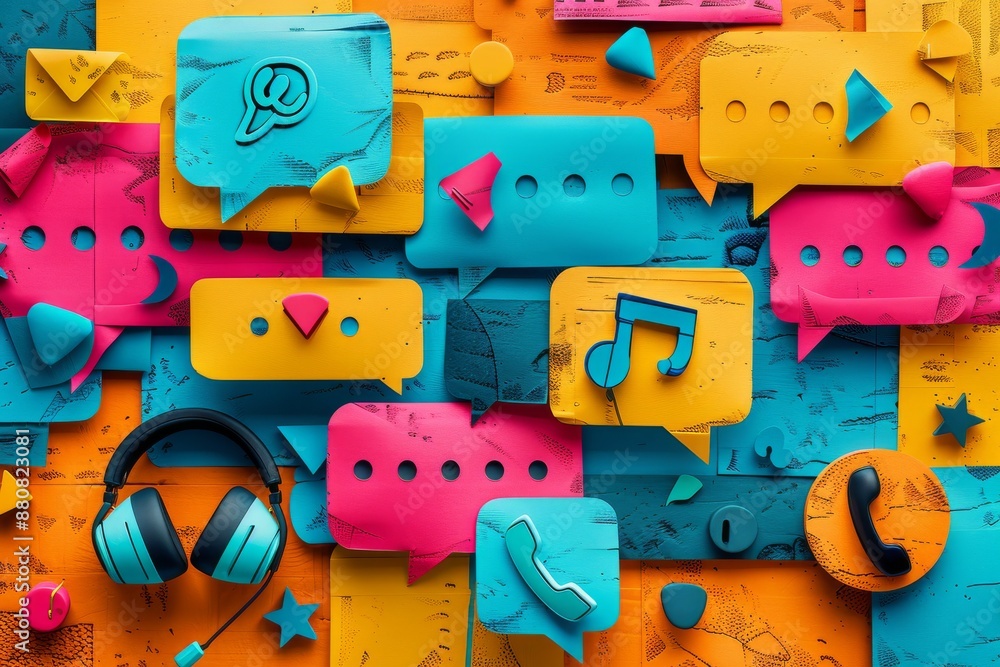 Naklejka premium Colorful Communication and Music Symbols on a Textured Background