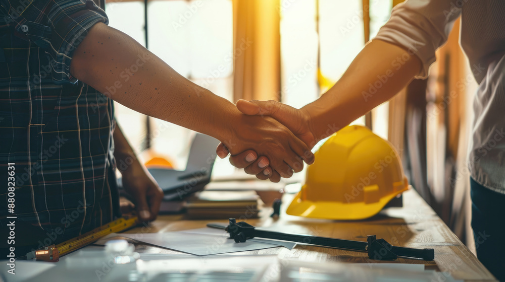 Handshake Between Engineers on Construction Site Signifying Agreement Handshake Between Engineers on Construction Site Signifying Agreement