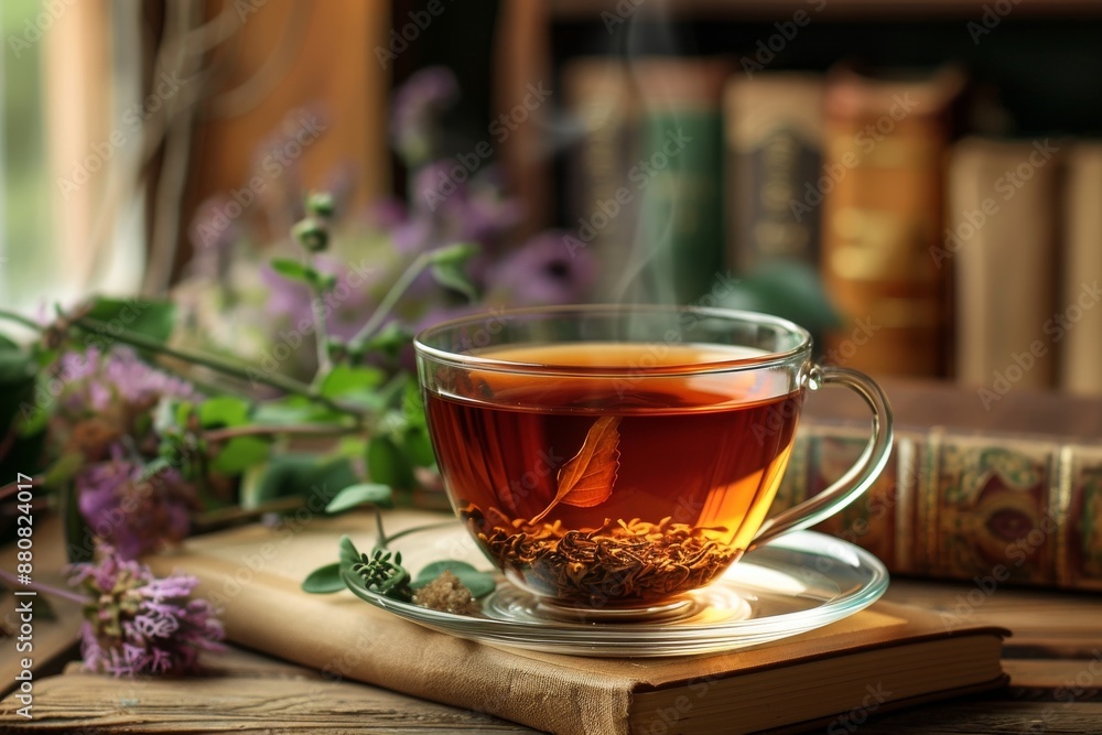 Steaming Cup of Tea on a Book with Flowers Steaming Cup of Tea on a Book with Flowers