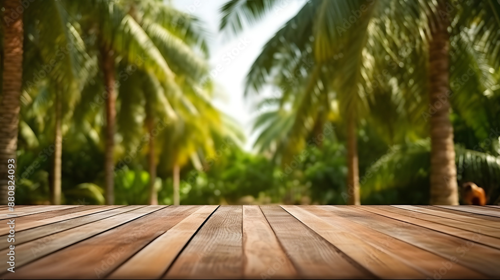A scenic view of tropical palm trees with a wooden deck in the foreground The lush greenery and clear sky in the background create a peaceful and inviting atmosphere perfect for relaxation and outdoor A scenic view of tropical palm trees with a wooden deck in the foreground The lush greenery and clear sky in the background create a peaceful and inviting atmosphere perfect for relaxation and outdoor