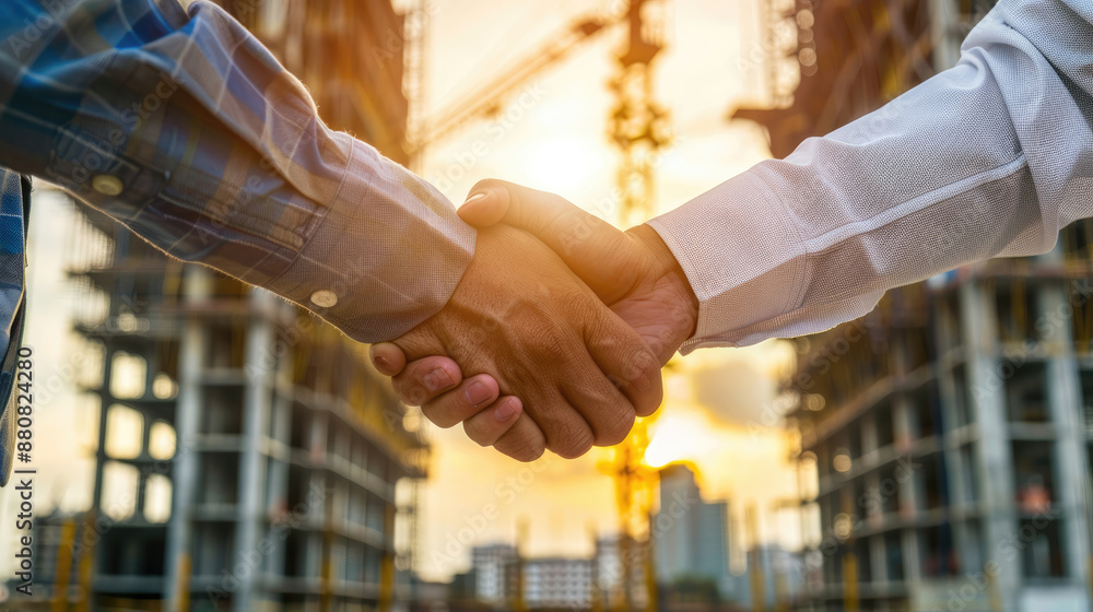 Handshake Between Engineers on Construction Site Signifying Agreement Handshake Between Engineers on Construction Site Signifying Agreement