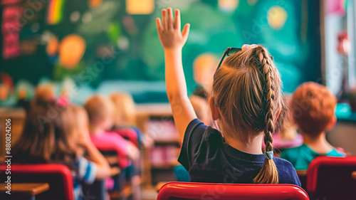 Eager little student raising hand in classroom during lesson. Active schoolgirl engagement in colorful educational environment. Perfect for back to school advertisement. photo