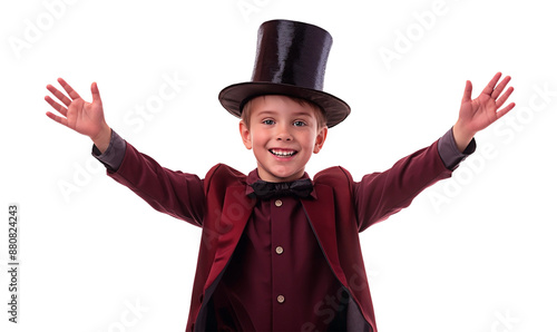 A little boy in magivian or illusionist costume and hat spreading arms wide in performance gesture. Enthusiastic kid in magician’s garb posing for magic act isolated on transparent background.