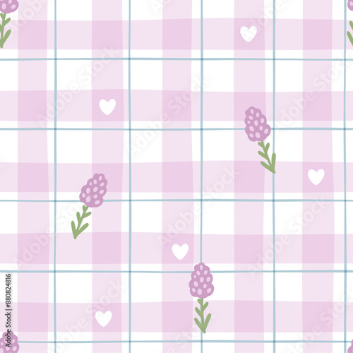 Gingham seamless vector pattern with meadow lavender flowers. Tartan check for tablecloths, napkins, clothes, packaging, for the Easter holiday. Cozy cute childish background in a pastel palette