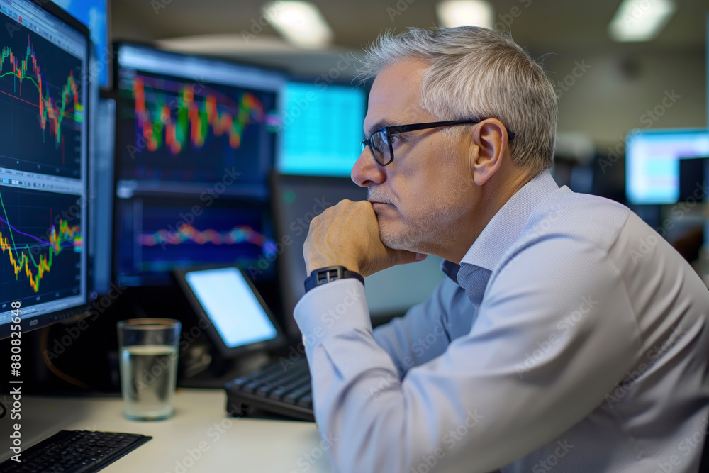 An oil trader checking the latest oil price report on a computer screen in the office. An oil trader checking the latest oil price report on a computer screen in the office.