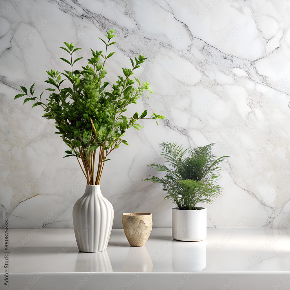 Fototapeta premium Vase and plants on a white marble countertop. 