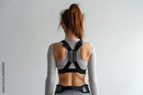 woman with posture corrector on white background photo