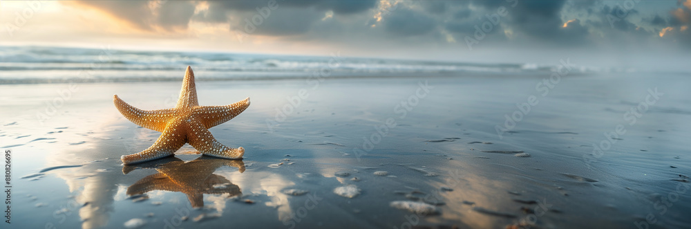 A starfish on a wet sandy beach reflecting the sky.
A starfish on a wet sandy beach reflecting the sky.