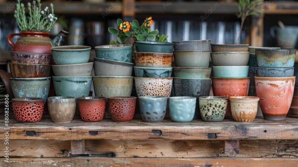Fototapeta premium Handcrafted Ceramic Bowls Displayed in a Rustic Setting