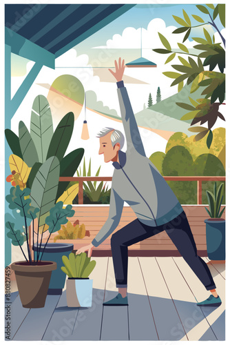 Elderly man stretching outdoors on a porch surrounded by potted plants. The scene is bright and cheerful with green foliage.
