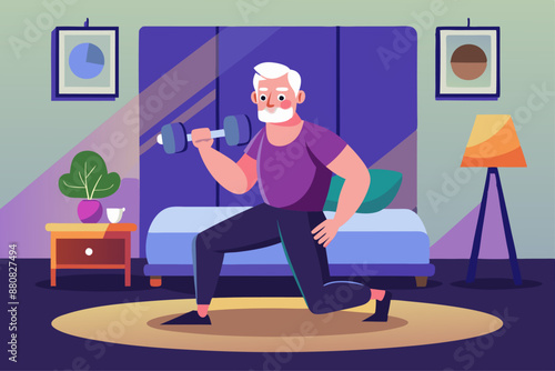 Elderly man lifting dumbbells in his bedroom. The room is softly lit with a bed, bedside table, and window with curtains.
