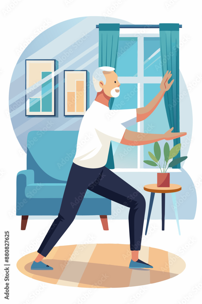 Elderly man practicing Tai Chi in his living room. The room is brightly lit, with a sofa, houseplant, and framed pictures on the wall. Elderly man practicing Tai Chi in his living room. The room is brightly lit, with a sofa, houseplant, and framed pictures on the wall.