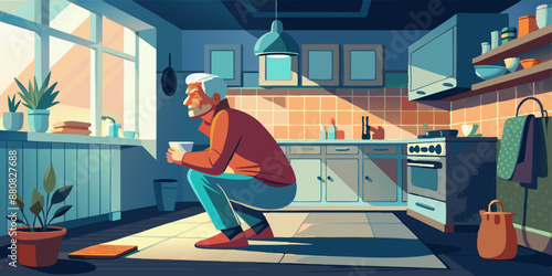 Elderly man squatting in his kitchen with a cup of coffee. The kitchen is warmly lit with modern furnishings and plants