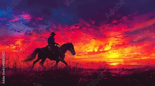 Silhouette of Cowboy Riding Horse at Sunset.