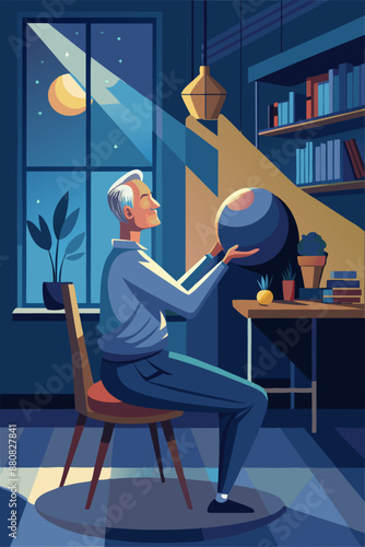 Elderly man exercising with a stability ball at night in his study. He is sitting on a chair, holding the ball in front of him with moonlight shining through the window.