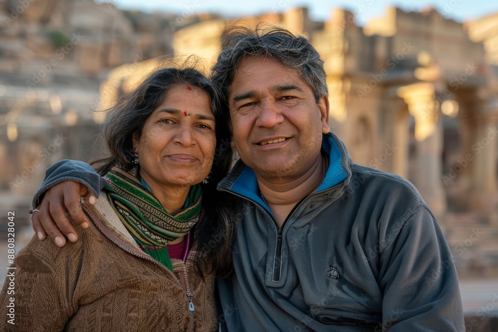 Portrait of a cheerful indian couple in their 40s dressed in a comfy fleece pullover in front of backdrop of ancient ruins Portrait of a cheerful indian couple in their 40s dressed in a comfy fleece pullover in front of backdrop of ancient ruins