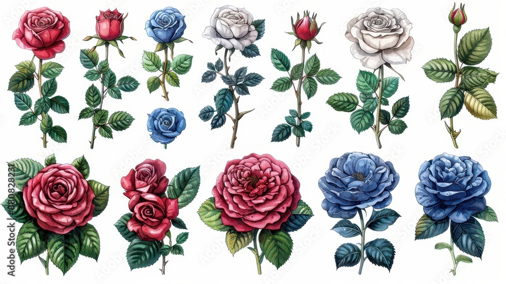 A collection of vibrant hand-drawn roses in red, blue, and white with varying stages of blooming on a white background. A collection of vibrant hand-drawn roses in red, blue, and white with varying stages of blooming on a white background.