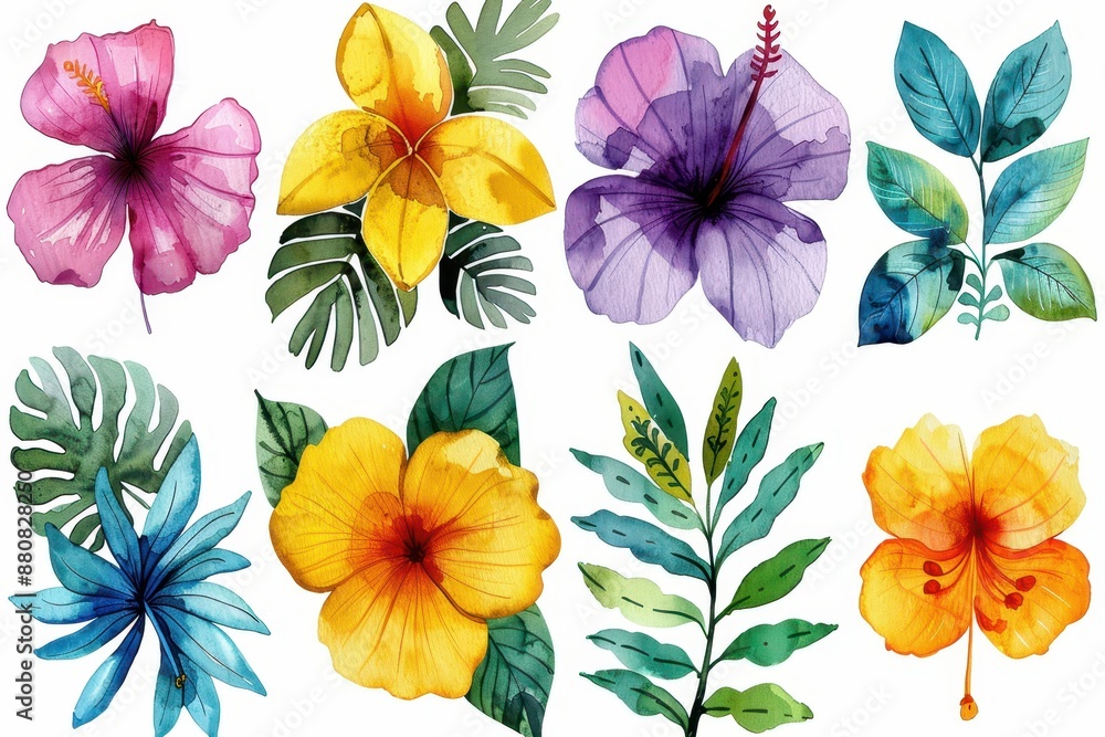 Vibrant watercolor illustrations of tropical flowers and leaves, perfect for design projects, invitations, and decor. Vibrant watercolor illustrations of tropical flowers and leaves, perfect for design projects, invitations, and decor.