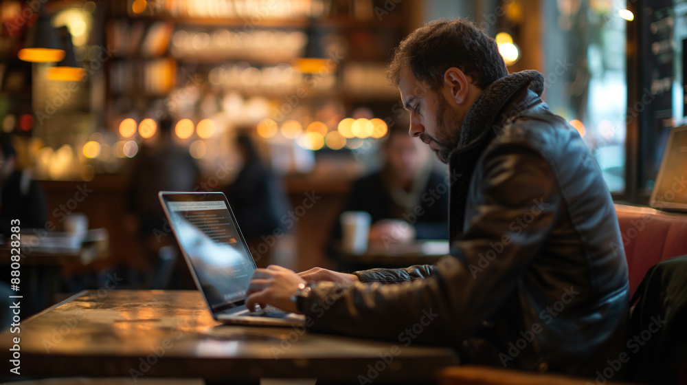 Man seated, using laptop Man seated, using laptop