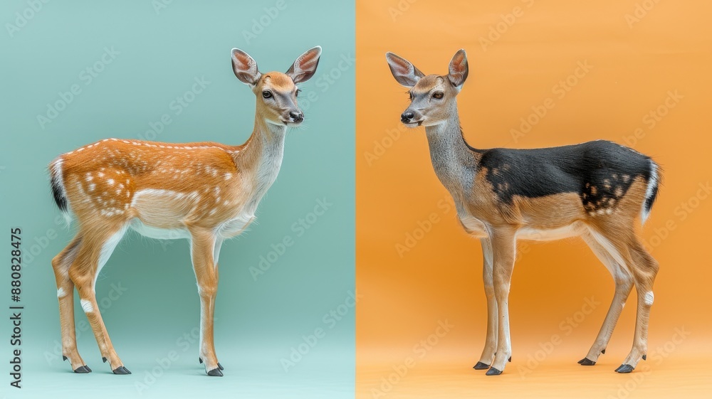 Obraz premium Two deer figurines with detailed features, one standing against a green background, the other against an orange background.
