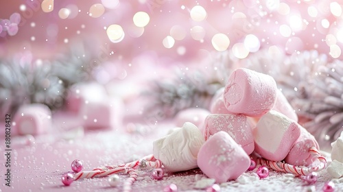 Selective focus background with homemade Christmas marshmallow sweet empty space for text