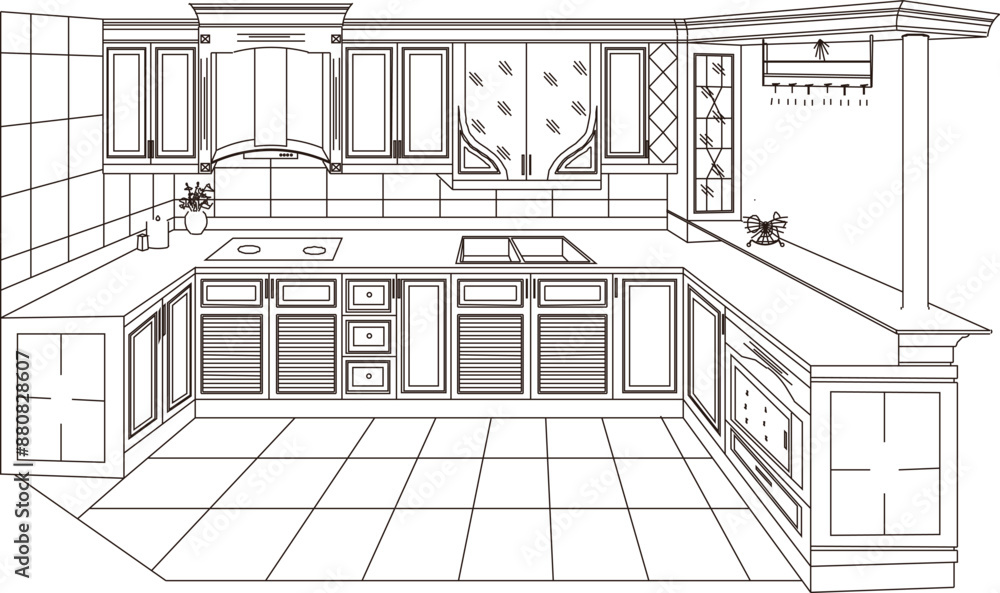 Vector silhouette illustration sketch of detailed design of Traditional kitchen cupboard, old classic ethnic vintage kitchen cabinets Vector silhouette illustration sketch of detailed design of Traditional kitchen cupboard, old classic ethnic vintage kitchen cabinets