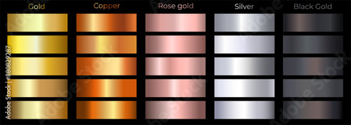 Golden, copper, gold rose, silver and black gold gradients set. Elegant, shiny big metal gradation textures collection.