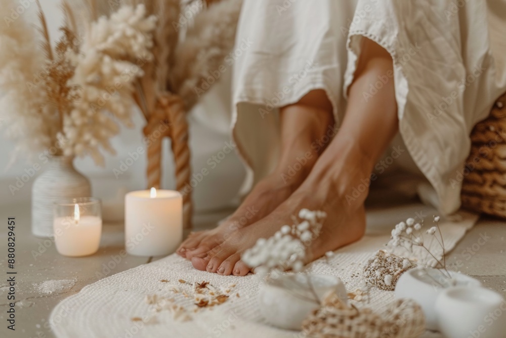 woman enjoying foot massage and pedicure, holistic wellness routine, minimalist beige studio beauty salon boho decor and candlelight, integration of body and mind. Feet relaxed. woman enjoying foot massage and pedicure, holistic wellness routine, minimalist beige studio beauty salon boho decor and candlelight, integration of body and mind. Feet relaxed.