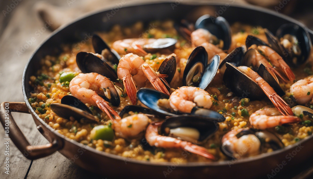 paella with shrimp and mussels, served in a gleaming copper pan, ad shot, copy space for text paella with shrimp and mussels, served in a gleaming copper pan, ad shot, copy space for text