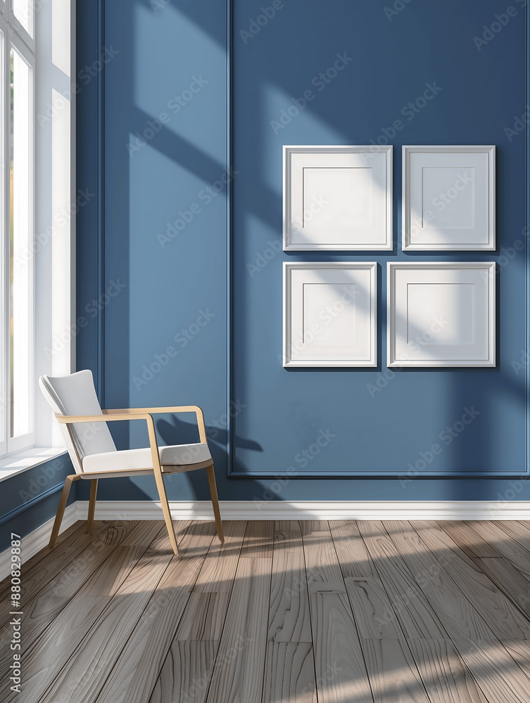 Fototapeta premium Stylish Blue Interior with Wooden Flooring, White Chair, and Four Empty Poster Mock-up Frames for Wall Art