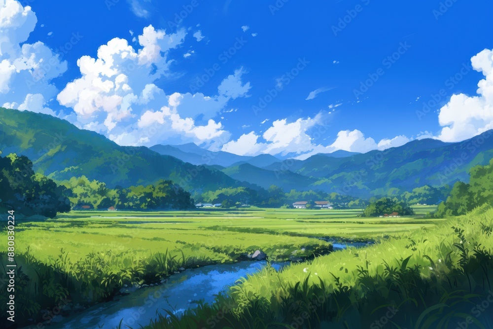 Scenic view of a rural landscape with mountains river and lush green fields under a clear blue sky Scenic view of a rural landscape with mountains river and lush green fields under a clear blue sky