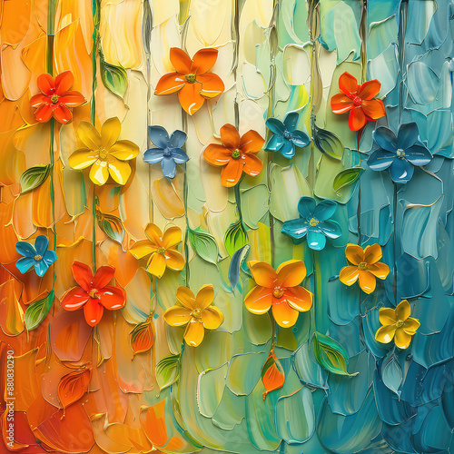 Fototapeta Naklejka Na Ścianę i Meble -  Elegant colorful with vibrant flower hanging branches illustration background. Bright color 3d abstraction wallpaper for interior mural, Generated by AI	