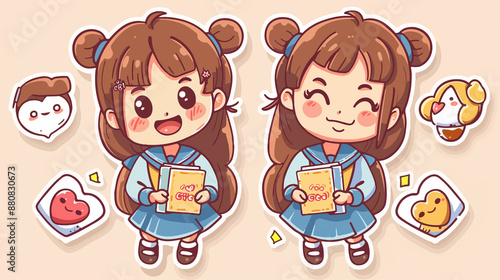 A girl Icon, Funny  Cartoon Kawaii Character, Chibi Sticker Collection 