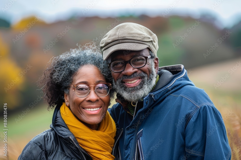 Portrait of a smiling afro-american couple in their 60s wearing a windproof softshell in backdrop of an idyllic countryside Portrait of a smiling afro-american couple in their 60s wearing a windproof softshell in backdrop of an idyllic countryside