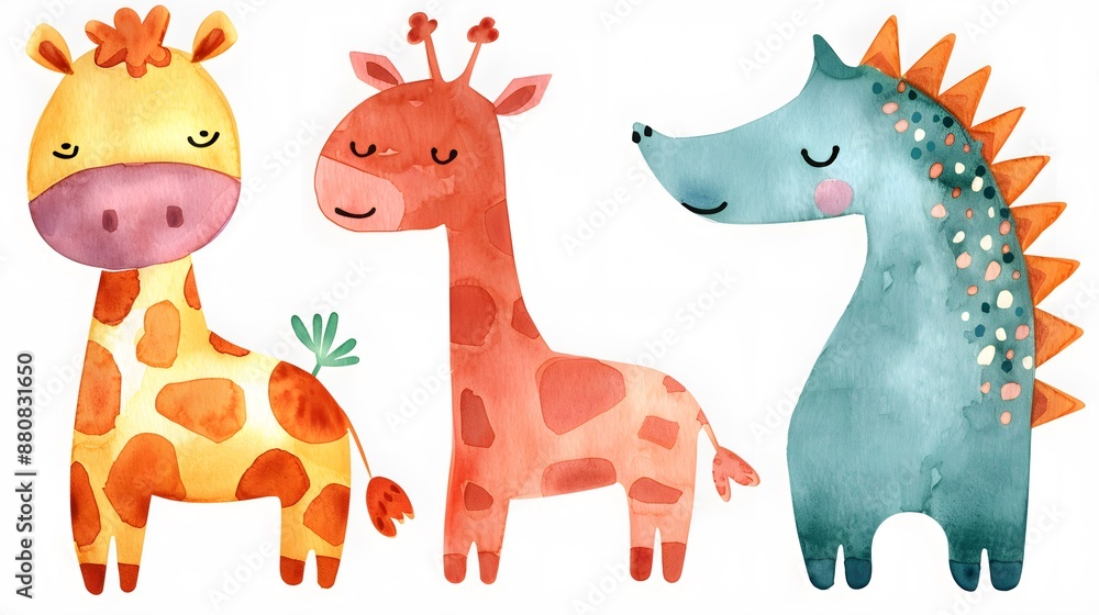 Fototapeta premium A group of four cartoon animals, including a giraffe, elephant, and two zebras