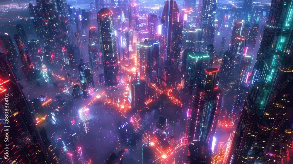 Fototapeta premium Illuminated Metropolis - Aerial View of Futuristic City with Interconnected Towers and Vibrant Lights