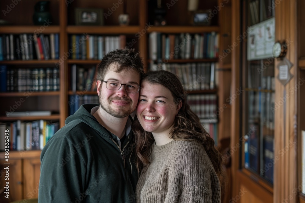 Portrait of a glad caucasian couple in their 20s sporting a long-sleeved thermal undershirt isolated in classic library interior Portrait of a glad caucasian couple in their 20s sporting a long-sleeved thermal undershirt isolated in classic library interior