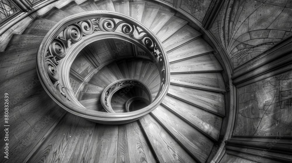 Fototapeta premium A stunning black and white photo of a wooden spiral staircase.