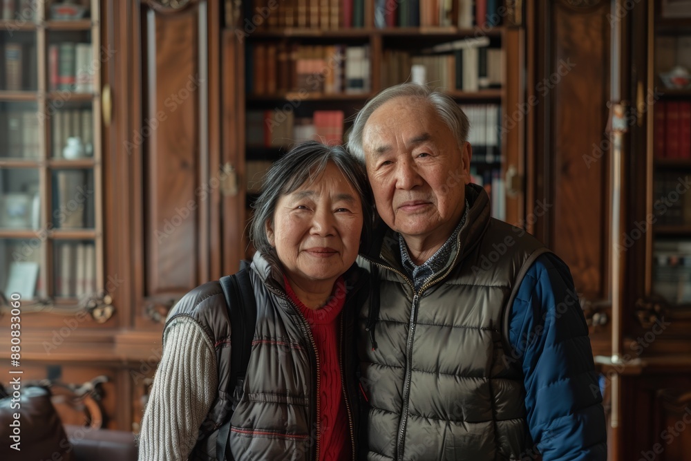 Portrait of a tender asian couple in their 50s dressed in a thermal insulation vest in front of classic library interior Portrait of a tender asian couple in their 50s dressed in a thermal insulation vest in front of classic library interior