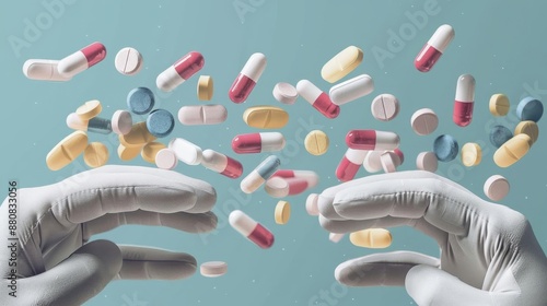 A modern and playful healthcare illustration with colorful pills and tablets arranged to create a dollar sign The composition features a turquoise background