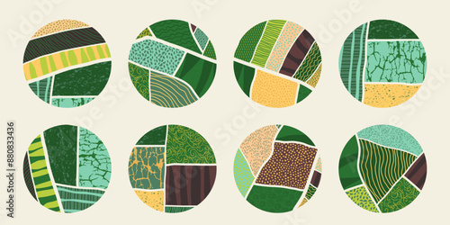 Natural organic agriculture set of circle design elements, fields, aerial view, abstract green stickers