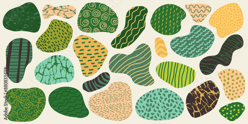 Abstract natural doodle design, set of elemets, organic geometric shapes with pattern, hand drawn, fun background, banner 