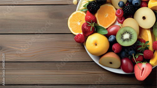 Fruit background with empty space for advertising. Multifruits on the table, wooden background. Juicy ripe fruits with vitamins. Healthy nutrition, diet, diabetes. Sale of fruits. Vitamin complex.