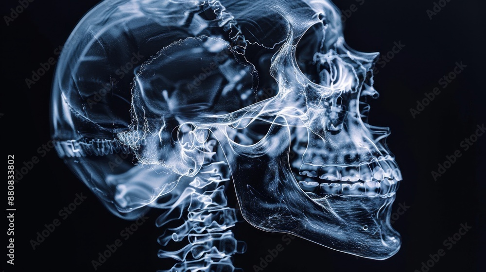 A detailed X-ray image of a human skull, highlighting bone structure and anatomical features.