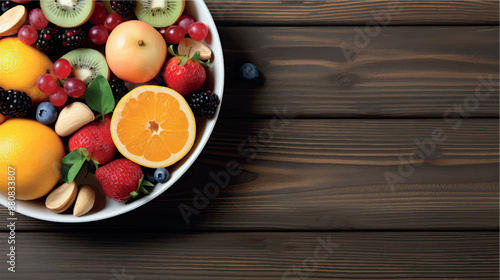 Fruit background with empty space for advertising. Multifruits on the table, wooden background. Juicy ripe fruits with vitamins. Healthy nutrition, diet, diabetes. Sale of fruits. Vitamin complex.