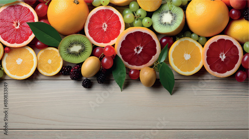 Fruit background with empty space for advertising. Multifruits on the table, wooden background. Juicy ripe fruits with vitamins. Healthy nutrition, diet, diabetes. Sale of fruits. Vitamin complex.