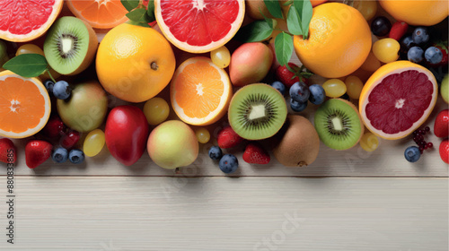 Fruit background with empty space for advertising. Multifruits on the table, wooden background. Juicy ripe fruits with vitamins. Healthy nutrition, diet, diabetes. Sale of fruits. Vitamin complex.