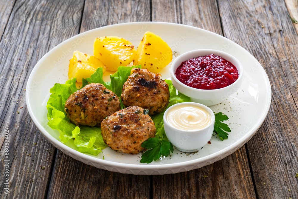 Baked meatballs, boiled potatoes, beetroots, fresh vegetables and mayonnaise served on white plate on wooden table
Baked meatballs, boiled potatoes, beetroots, fresh vegetables and mayonnaise served on white plate on wooden table
